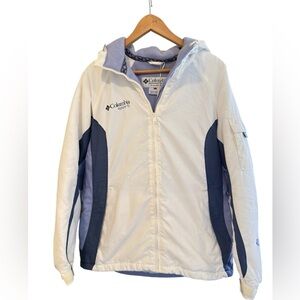 Columbia White and Navy Women's Jacket with Light Purple Lining talla L